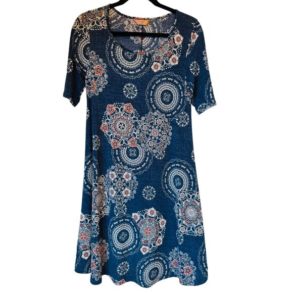 SJS Medium Blue Bohemian Print A-Line Dress Medium Polyester/Spandex - Picture 1 of 9